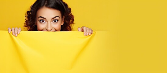 A joyous young woman glances out from behind a white banner against a yellow background with space for text