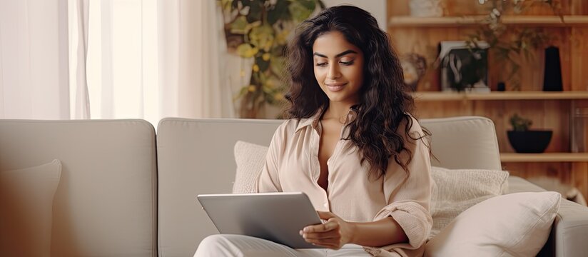 Indian Woman Working Remotely From Home On Laptop Mockup For Website Design Lady Studying Online Indoors With Portable Pc Free Space