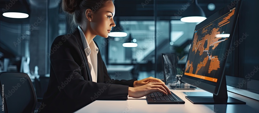 Poster Female IT developer typing on keyboard with programming code and laptop in office interior copy space available