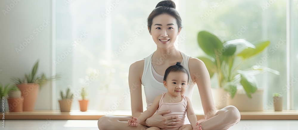 Poster Asian woman taking a break after yoga and exercise at home representing the new normal of lockdown and social distancing during the coronavirus crisis