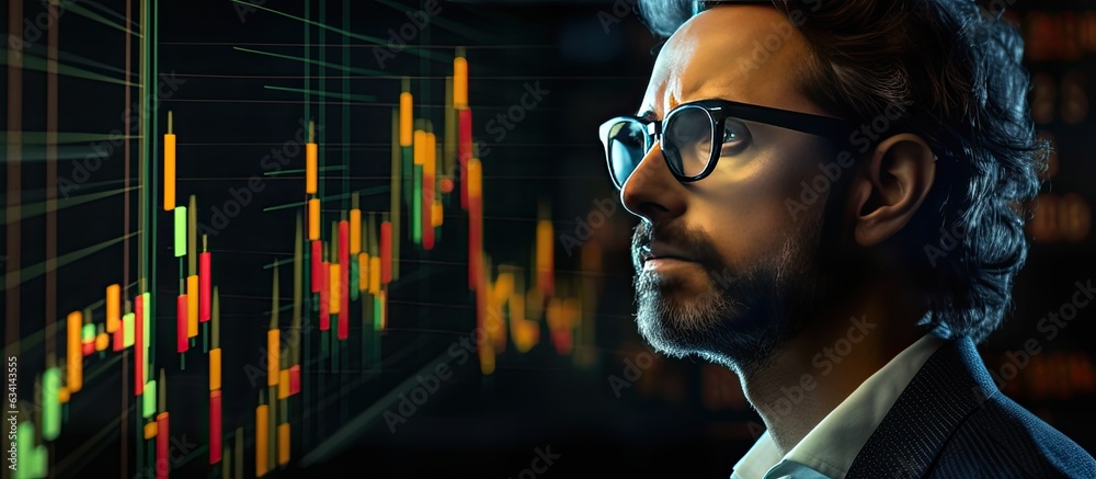 Aufkleber Trader with glasses analyzing stock market cryptocurrency chart reflected Copy space