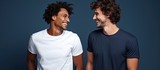 Two young men in their 20s wearing white casual shirts are happily talking together in a studio portrait with a dark blue background