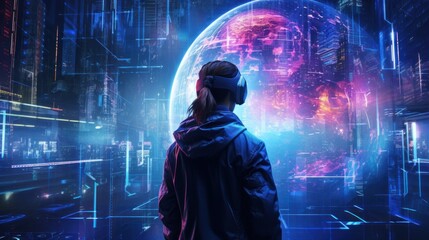 Picture of a cyberpunk hacker excelling in a futuristic scenario, encircled by holographic interfaces, complex code, and immersive virtual reality elements that showcase their digital prowess