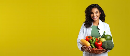 Charming doctor dressed in white holding a bowl of healthy food promoting nutrition and wellness on a yellow background - obrazy, fototapety, plakaty