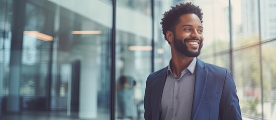 Happy African American man manager in office building corridor holding tablet using app for business smiling - Powered by Adobe