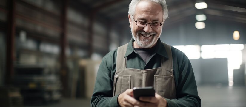 An elderly white man on his break at the factory using his phone and smiling with blank space