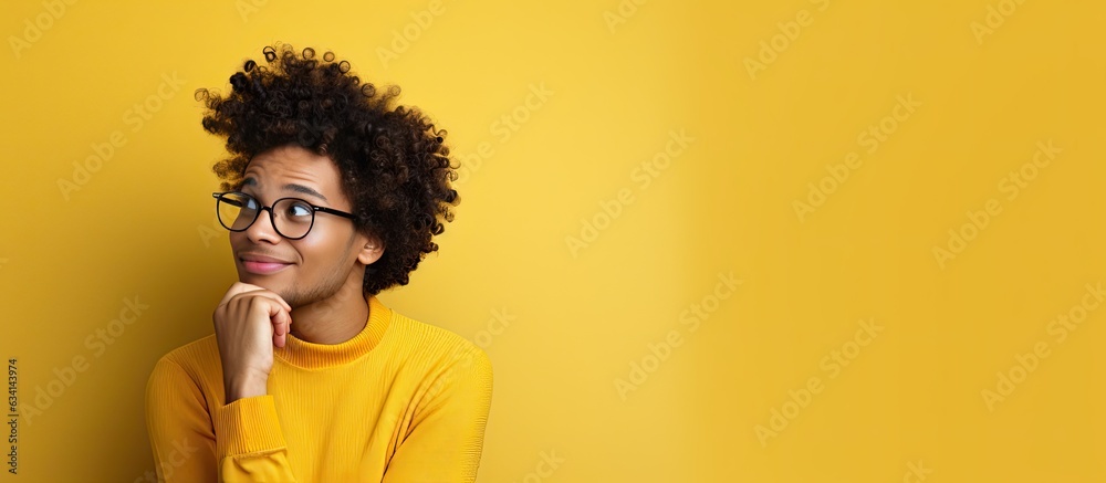 Poster youthful man daydreaming and looking towards empty space