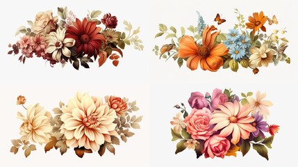 clipart vintage flower on white background spaced out.Generative AI