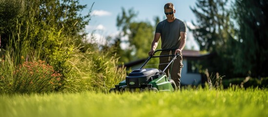 A professional gardener tends to the grass in a beautiful garden using a lawnmower