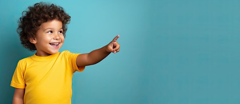 A cheerful boy in a yellow shirt is pointing and laughing on a blue background Space available for text - Powered by Adobe