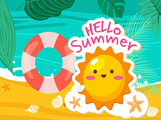 Realistic Summer sale banner and poster design with tropical leaves background Vector. big and super sale summer background design.