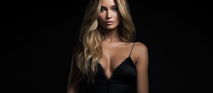 Stunning blonde with long hair wears black dress on black background