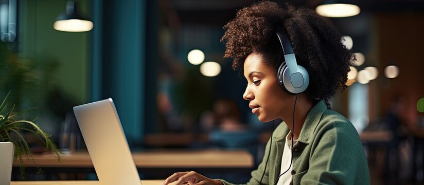 Black Woman Taking Notes During Office Webinar Using Laptop And Wearing Headphones With Empty Space