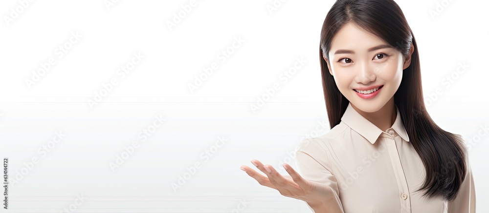 Poster asian woman displaying an open hand prompt with room for product on white backdrop