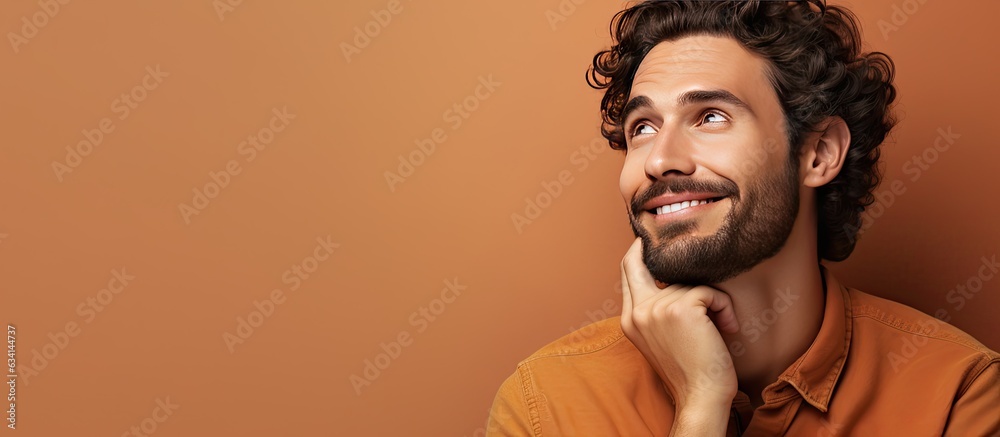 Poster youthful man daydreaming and looking towards empty space