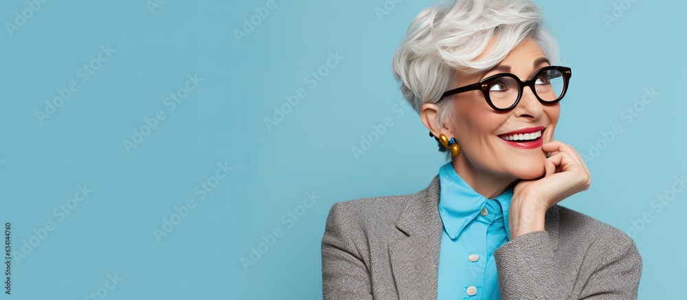 Wall mural Gray haired businesswoman in blue suit poses on pastel blue background Success in career wealth and business Copy space available Holding keys and a ho