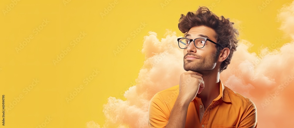 Poster youthful man daydreaming and looking towards empty space