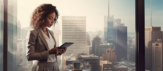 Office worker using tablet and coffee by city window