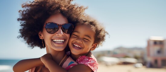 Happy black mother and daughter playing on beach with room for text Sister gives piggyback ride to little girl by the shore Lovely child hugs her mom