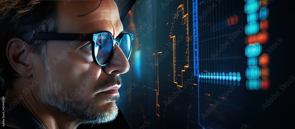 Aufkleber Trader with glasses analyzing stock market cryptocurrency chart reflected Copy space