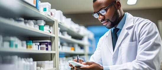 African American pharmacist at work in pharmacy checking medicine supplies