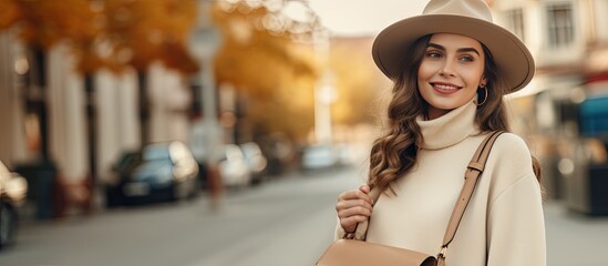Fashion portrait of a happy woman in trendy autumn attire posing in a city street - Powered by Adobe