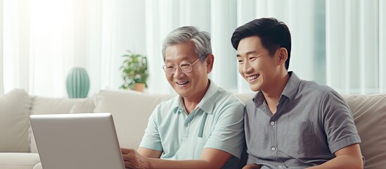 Asian son and elderly father using laptop together at home with the younger teaching the older how to navigate the internet