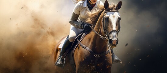 In depth depiction of a sport involving a fast running horse and a young female athlete - obrazy, fototapety, plakaty