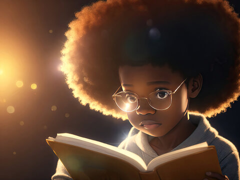 A young afro reader lost in a world of words. ai generative
