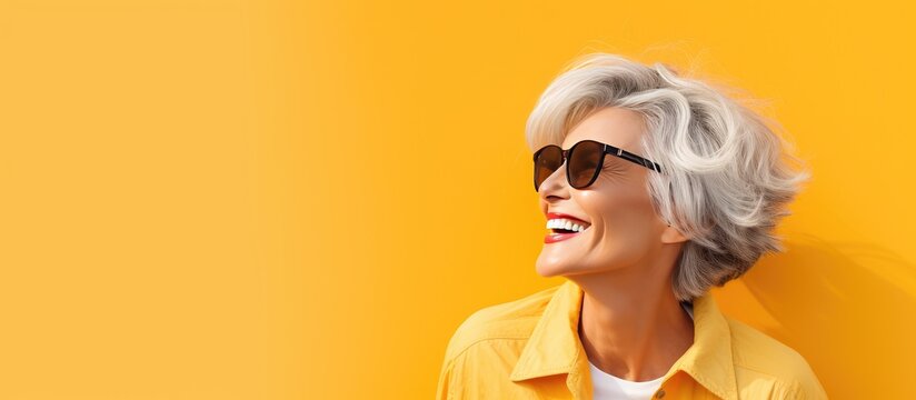 Smiling mature woman posing outdoors against yellow background copy space