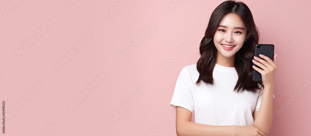 Poster asian girl with happiness pointing finger on pink background