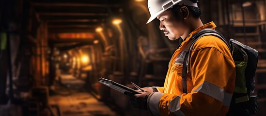 Asian engineer in tunnel wearing safety gear and using tablet in dark construction site