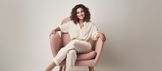 A millennial lady posing and relaxing indoors sitting in an armchair against a white studio wall smiling at the camera in a full length portrait - Powered by Adobe
