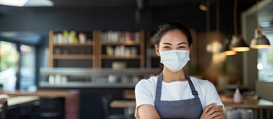 Fototapeta na wymiar Asian female barista in small business establishment wearing face mask during COVID 19 pandemic posing confidently with arms crossed and a cheerful smi