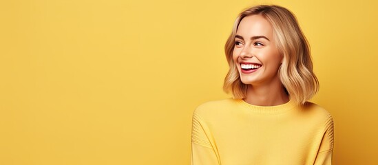 Blonde woman with white teeth happy expression and dressed casual poses for promotion on yellow background - Powered by Adobe
