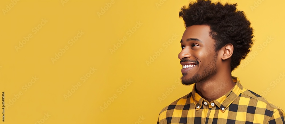 Poster Happy African American man in checkered shirt standing alone looking away in front of yellow background