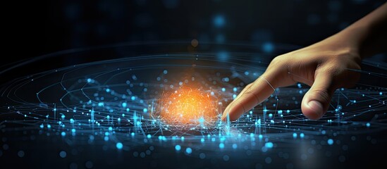 Background with hand touching circular diagram on virtual screen showing technology innovation network big data and internet