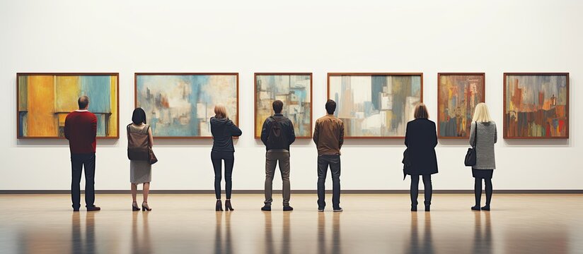 Attendees at the modern art exhibit examining a blank space atop a singular artwork