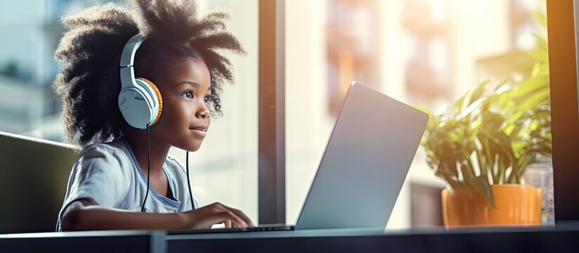 Young black girl with wireless headphones utilizing laptop at residence positioned by window engaged in activities involving computer empty area availa