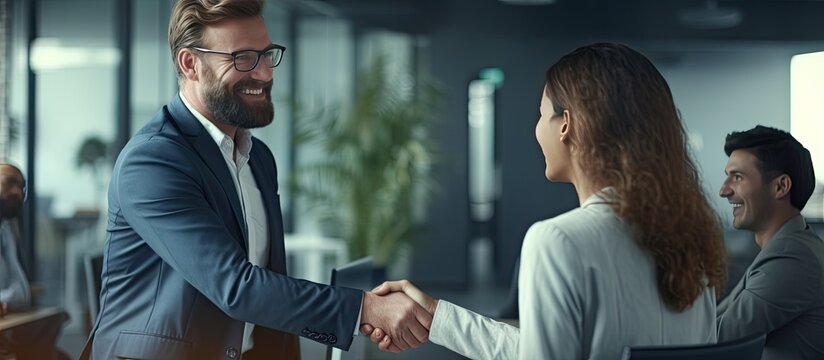 HR manager and applicant shaking hands at job interview