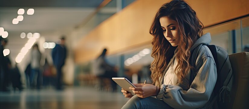 Female Student Using Touch Pad In University Recreation Hall Freelancer Girl Working On Digital Tablet With Copy Space Hipster Woman Using Touchscreen