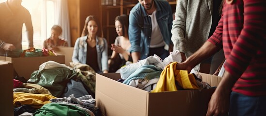 Middle aged man organizing clothes in diverse charitable foundation