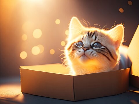 Cute cat in a cardboard box bright image colorful background. ai generative