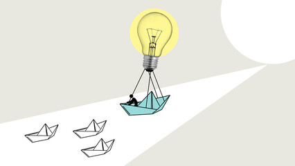 Business advantage concept and game changer symbol as an a crowd of paper boats and one boat rises above the rest with a balloon looking like lightbulb - obrazy, fototapety, plakaty