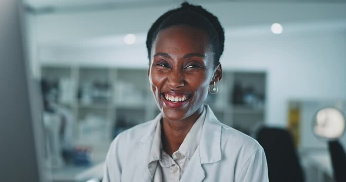 Face, happy and black woman scientist in laboratory proud of medicine, research or healthcare help. Medical, portrait and science expert in a lab online for cancer, breakthrough or cure development