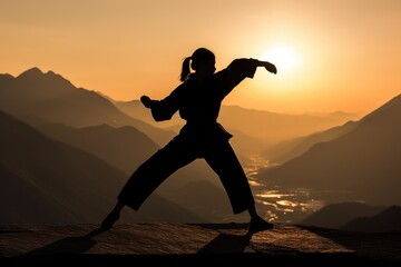 Woman practicing martial arts on the top of a mountain. Generative AI