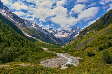 panorama of summer mountains with waterfalls