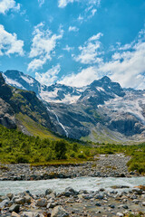 Fototapeta na wymiar view of the glacier with a waterfall and a blooming meadow