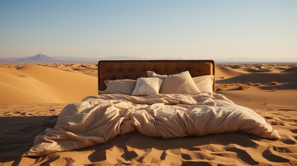 Luxurious bed in a desert environment adorned with soft pillows and a cozy blanket. Bed in comfort and isolation contrasts against the backdrop of nature.