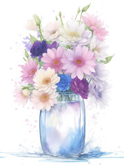 Bouquet of beautiful flowers in a glass vase isolated on white, watercolor retro style flower background
